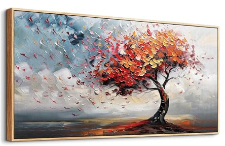 Artefizio Quadri Moderni Soggiorno Con o Senza Cornice Legno, Quadro Su Tela Grandi, Stampe da Parete Albero Della Vita Rosso, Decorazioni Parete Bagno Ufficio Sala Da Pranzo (140L x 70l cm)