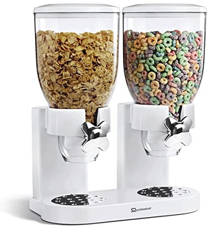 Double Cereal Dispenser Dry Food White/Black Plastic Canister Fresh & Easy (White) Designed to Preserve Freshness and Flavour