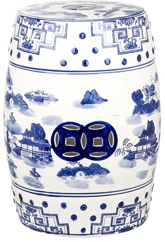 SAFAVIEH Home - Gateless Mist Blue & White Chinoiserie Decorative Ceramic Garden Stool Side Table, Glazed Indoor/Outdoor Accent Table, 13W x 13D x 18H (ACS4558A)