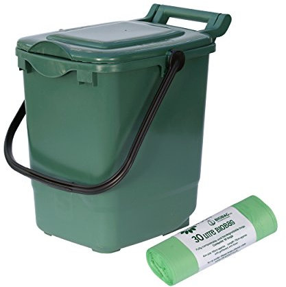 Large Green Compost Caddy/Plastic Kerbside Bin for Food Waste Recycling (23 Litre) - 23L & 10 x 30L Compostable Bags with Composting Guide