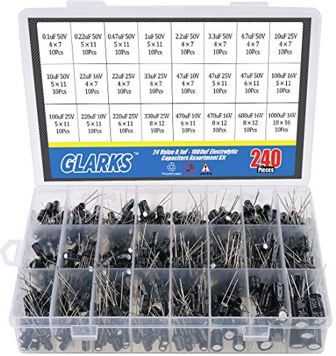 Glarks Elektrolytkondensatoren, Metall, 10 V, 16 V, 25 V, 50 V, sortiertes Sortimentsset, Etikettenkondensatorbereich 0,1 uF – 1000 uF, 240 Stück