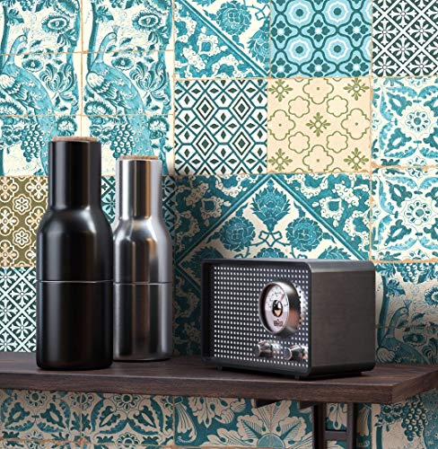 NEWROOM Tapete grafisch blau Fliesen Ornament Vintage Vliestapete braun Vlies Tapete Fliesenoptik Fliesenmuster Klassik inkl. Tapezier Ratgeber ǀ Grafik