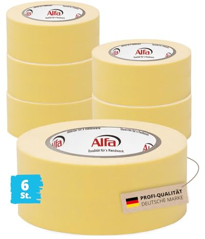 Alfa 6x Feinkrepp EASY 50 mm x 50 m – Malerband zum Streichen (300 m) | Profi-Qualität - Nässeresistentes Abklebeband für scharfe Kanten, hitzebeständig bis 80 Grad, reißfestes Malerfeinkrepp