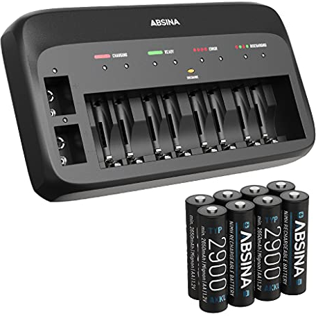 ABSINA Akku Ladegerät X10 für AA, AAA & 9V - Akkuladegerät inkl. 8X AA 2900 Akkus - NiMH Ladegerät 10-Fach für wiederaufladbare Micro AAA, Mignon AA & 9V Block Akkus - Batterieladegerät
