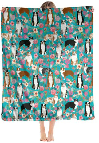 Überwurfdecke mit australischen Schäferhunden und Blumen, warm, ultraweich, Mikro-Fleece-Decke für Bett, Couch, Wohnzimmer (Kinder)