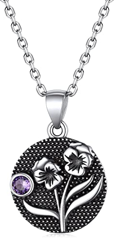 FOCALOOK Damen Geburtsstein Münze Kette 925 Sterling Silber Februar Geburtsblume Veilchen Anhänger Halskette 45+5cm Rolokette Geburtsmonat Schmuck für Party Cocktail