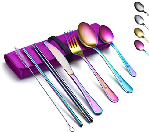 Evanda Portable Utensils, Travel Camping Cutlery Set, Stainless Steel Flatware Set Travel Silverware Dinnerware Set with a Portable Case (Rainbow)