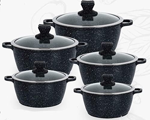 Blacstone Marbell Die-Cast Aluminium Stockpot 5pc Set Marble Effect Non-Stick (Black)