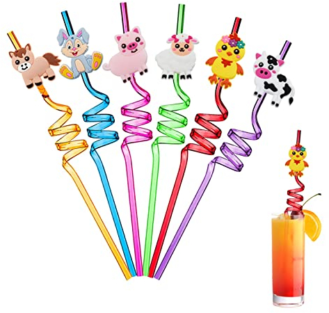 Ulife Mall Reusable Drinking Straws Farm Animals Party Straw Curly Hard Plastic Straws Kids Birthday Party Decorations Supplies Family Reunion Favors - Pack of 6