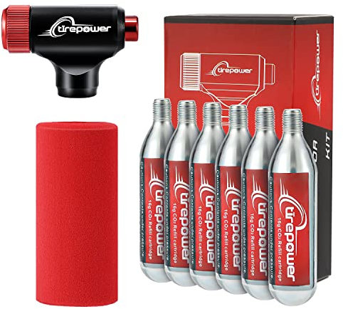 Ctrepower CO2 Bike Tire Inflator - Schrader & Presta Compatible, Automatic, Aluminium, 6x16g CO2 Cartridges & Insulated Sleeve Included