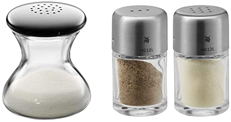 WMF Wagenfeld Salzstreuer 4,5 cm, Max und Moritz, Glas, Cromargan Edelstahl mattiert, spülmaschinengeeignet & Bel Gusto Salz und Pfeffer Streuer Set 2-teilig, Streuer klein, Salzstreuer mini