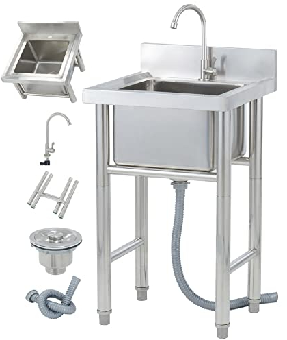 Industrial Fregadero Comerciales Portatil Fregadero Exterior Jardin Móvil fregadero de cocina de acero inoxidable con grifo pila lavadero Apto Para Restaurante,Camping Lavandería,Garaje,Bar,60x80cm
