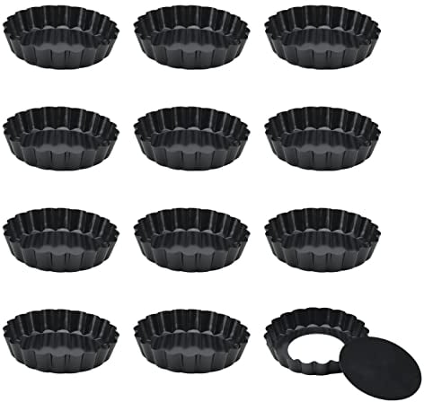 KEILEOHO 12 PCS 4 Inch Small Flan Tins, 10cm Mini Black Tart Pan with Loose Base, Round Fluted Quiche Tins for Baking, Cooking