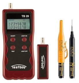Testboy Aktionsset TB 29 Netzwerkverdrahtungstester mit PICA Tieflochmarker (vielseitige Testfunktionen, übersichtliches LCD-Display, Bruch- und schlagfestes Gehäuse), Rot/Schwarz