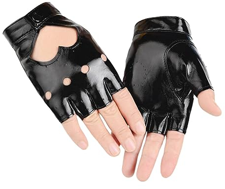 SamHeng fingerlose PU Lederhandschuhe für Frauen halbe Fingerhandschuhe kurze Leder Punk Handschuhe für Halloween Cosplay Kostüm Tanzparty Kostüme Accessoires, Schwarz