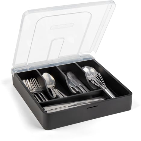 YICOCHI Utensilienhalter für Arbeitsplatte mit Deckel, Kunststoff-Besteckablage für Schublade, 5 Fächer, Besteck-Organizer, Bambus Schwarz