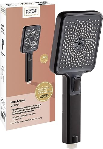 Schöner Wohnen Kollektion Handbrause 3-strahlig Verina, wasserspar Duschkopf, eckige Duschbrause mit Anti-Kalk-Noppen, Typ 1/2 '' Anschluss, Mattschwarz
