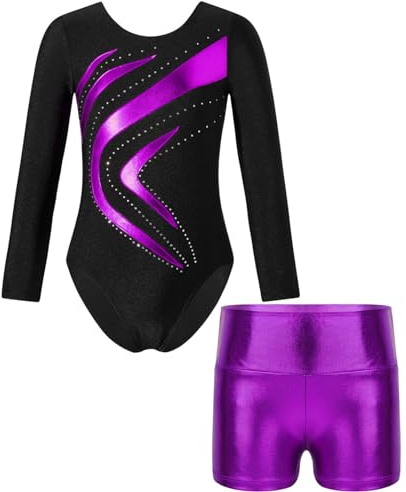 Oyolan Mädchen Kinder Gymnastikanzug Turnanzug Glitzernde Gymnastikbody Langarm Turntrikot mit Kurze Hose Tanzkostüm Z Violett 134-140