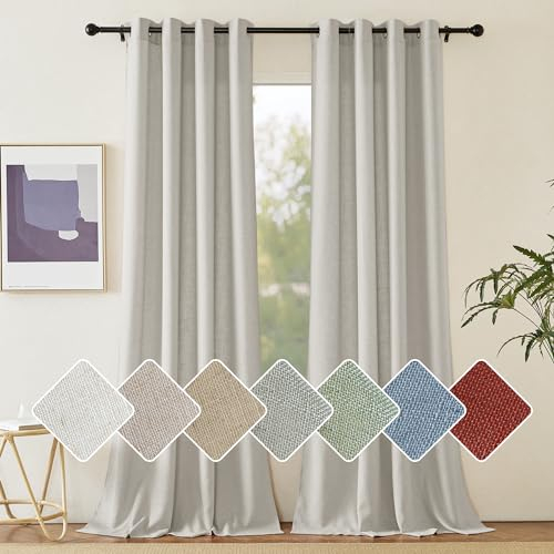PONY DANCE Vorhänge Leinen Gardinen Wohnzimmer Ösenschal 2er Set H 245 x B 140 cm Leinenoptik Gardinen Halbtransparent Linen Curtains for Living Room Leinenvorhang Boho, Graugrün
