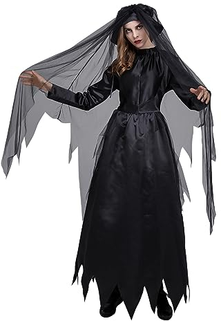 YNIEIAA Karneval Kostüm Damen, Teufel Kostüm, Schwarz Engel Kostüm, Hexe Kostüm, Nonne Kostüm, Mittelalter Kleidung, Faschingskostüme Set 3 Teilig - Kleid, Mützen, Haaraccessoire Schwarz 1 XL