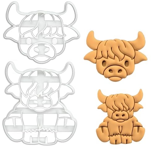 BAKERLOGY Set of 2 Cute Highland Cow Cookie Cutters - Detailed Biscuit Cutter Design for Baking and Crafts, Ideal on Fondant, Dough, Clay