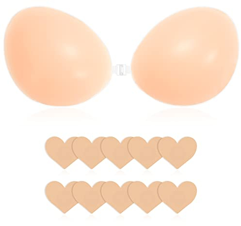 Trustnice Reggiseno Invisibile in Silicone, Reggiseno Push Up Adesivo, Reggiseno Senza Spalline per Coppa da Donna Reggiseni Riutilizzabili per Abito da Sposa con 5 Copricapezzoli (Nude, C-D)