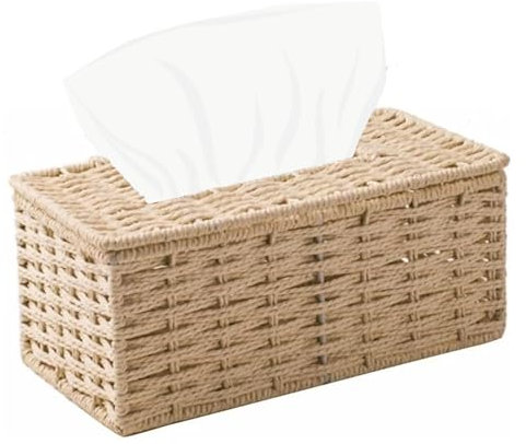GUDAGUU Soporte rectangular para caja de pañuelos, caja de servilletas tejida de granja con organizador de papel superior abatible, soporte decorativo bohemio para pañuelos faciales (beige, mediano)
