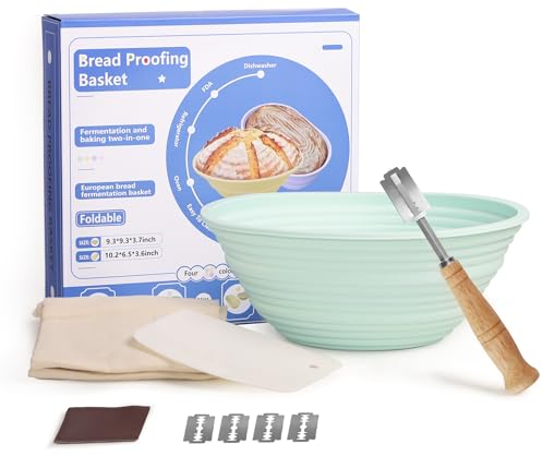 Bread Proofing Basket - 9 Inch Round Proofing Basket with Silicone & Foldable Features, Ideal for Home Sourdough Bakers - Includes Liner, Dough Scraper & Bread Lame