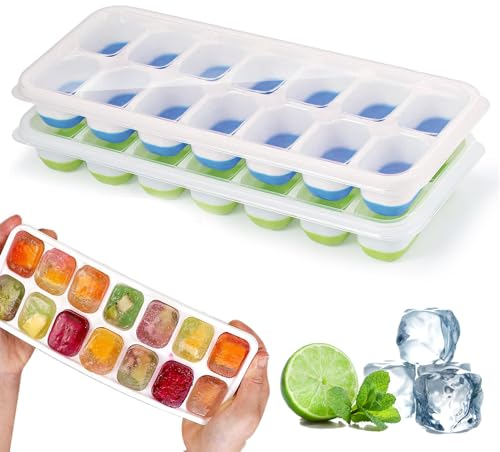 Eiswürfelform Silikon Mit Deckel,Platzsparend und stapelbar Ice Tray Ice Cube,14-Fach, LFGB-Zertifiziert,BPA-Frei,Sichere Gesunde Eiswürfel Form für Babybrei Cocktail Whiskey Kaffee(1 Grün+1 Blau)