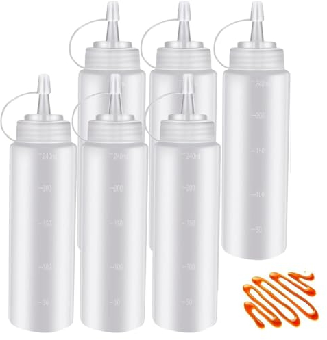 PLABBDPL 6 Piezas Botellas Condimentos, Botella de Salsa de 240 ml, Biberon Salsas Exprimible de Plástico, Dispensador de Condimentos con Tapa para Salsa de Tomate, Aceite, Jarabe, Mayonesa
