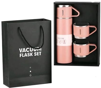 Vacuum Insulated Flask Set 500ml/17.6oz 304 Stainless Steel BPA Free Food Grade Gift Box Thermo Flask Bottle with Cup Lid & 2 Cups for Tea Coffee Water, Keep Drinks Hot or Cold for 6 hrs, Pink Set