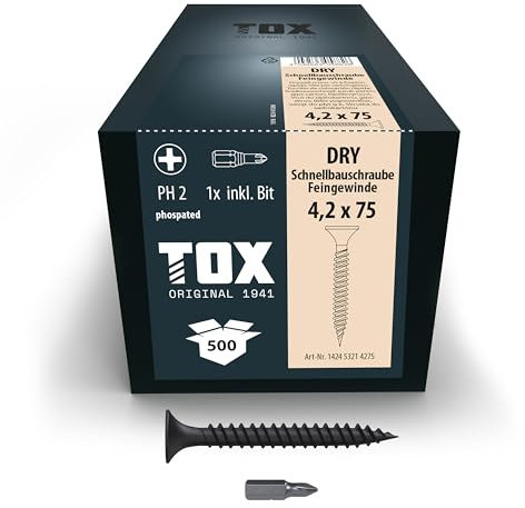 TOX Schnellbauschrauben DRY FG 4,2 x 75 mm, Schrauben schwarz phosphatiert mit Trompetenkopf + Feingewinde, Gipskartonplatte auf Metall-Unterkonstruktion, PH2, 500 Stück, inkl. 1x Bit, 142453214275