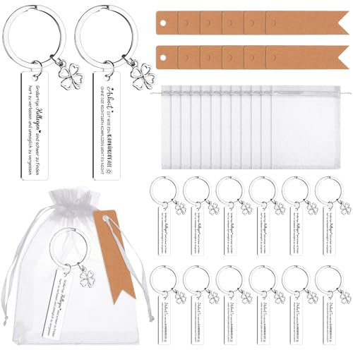 RUIYELE 12 Sets Abschiedsgeschenke für Kollegen Metall Vierkleeblatt Schlüsselanhänger mit Gravur für Kollegen Glücksbringer Dankeschön Organzasäckchen für Mitarbeiter Jobwechsel Ruhestand Mutmacher