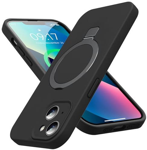 Silikon Hülle für iPhone 13 mit Magnet Ständer Fit für MagSafe | Unsichtbarer Ringständer, vollständiger Kameraschutz, Flüssigsilikon, weiches Mikrofaserfutter, mil-Grade, stoßfest, schwarz