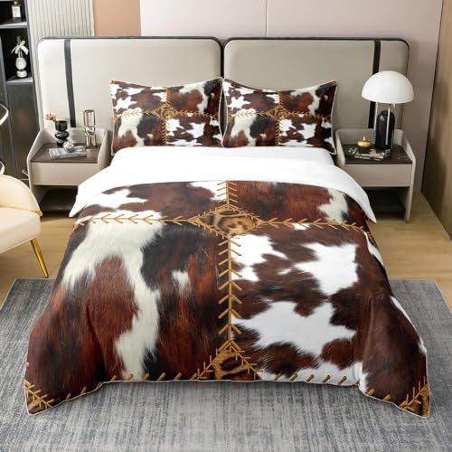 Loussiesd Rindsleder Bettbezug Set Rustic Western Bettwäsche Kuhfell Patchwork Bettwäsche Set 155x220cm 100% Baumwolle Jungen Mädchen Kinder Teens Dekor Farm Betten Set mit 2 Kissenbezug