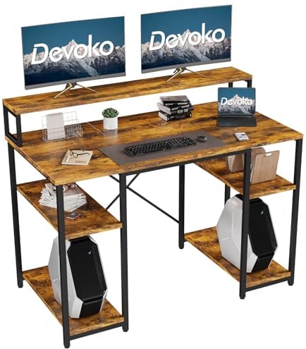 Devoko 120x50 CM Computer Desk with Monitor Shelf Home Office Desk with Open Storage Shelves Writing Gaming Study Table Workstation for Small Space (Rustic Brown)