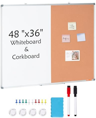 VEVOR Kombitafel Kork Pinnwand & Magnettafel 120 x 90 cm, 2 in 1 Memoboard Kombiboard, Aluminiumrahmen, magnetische, trocken abwischbare Pinnwand, ideal für Schule, Zuhause, Büro