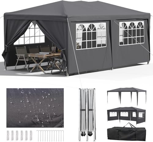 Velway Faltpavillon 3x6m Wasserdicht Pavillon - Anti-UV Stabil Winterfest Faltbar Partyzelt - Gartenpavillon mit 6 Seitenwänden & Dach 12 Erdhaken & 6 Seile - Gartenzelt für Freien Hochzeiten - Grau