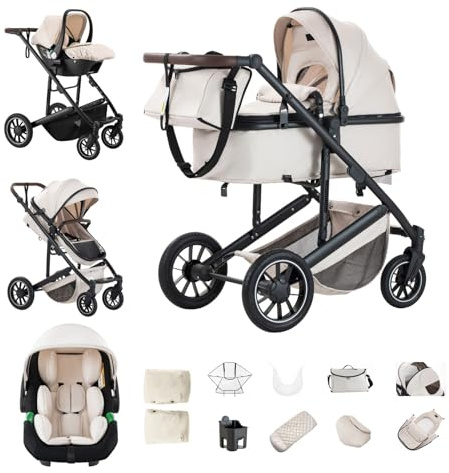 Kakbgee Kinderwagen 3 in 1, Buggy mit Autositz, höhenverstellbarer Griff | Kombi-Kinderwagen mit 4-Rad-Federung, Handschuhe, Regenschutz, All-Terrain Stroller für Neugeborene bis 4 Jahre, 22KG