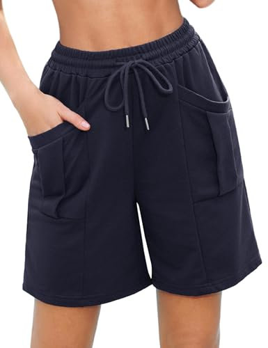 Aottori Shorts Damen Baumwolle Sportshorts Sommer Laufhose Lockere Schlafshorts High Waist Jogginghose mit Taschen und Kordelzug für Sport Yoga Fitness Running Gym Dunkelblau XL