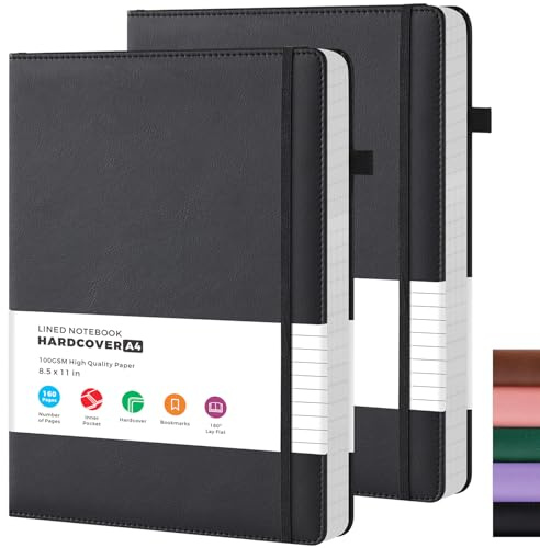 Notebook Journal A4, 2 Pack Black A4 Lined Notebook Hardback, 100GSM Thick Paper, No Bleed, PU Leather Large Notepads for Men/Women Work, for Office School Supplies, 21.5 x 28 cm