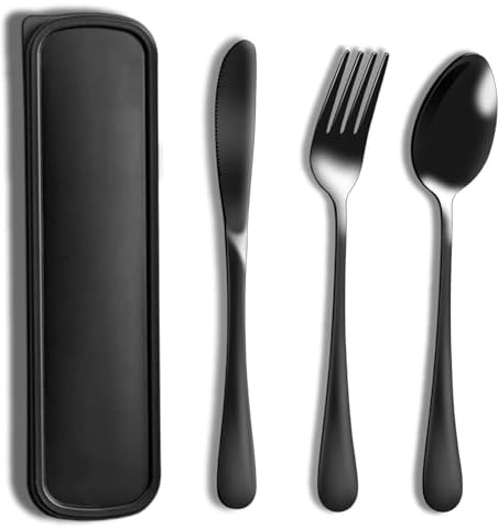Camping Besteck, Reisebesteck Mit Etui, 1 Set Besteck Für Unterwegs, Campingbesteck Edelstahl Schwarz, Ideal Für Outdoor, Büro Und Schule
