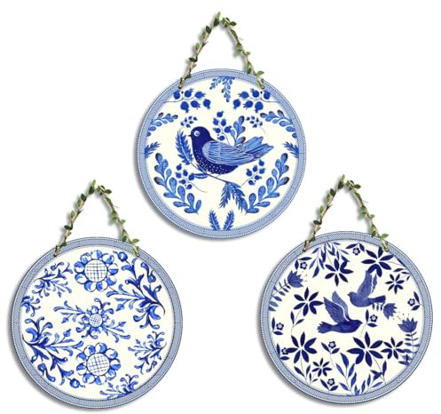 MNVGLOBAL - Piatti decorativi da parete (set di 3), effetto ceramica blu e bianca, decorazione da parete per casa e soggiorno (stile 4)
