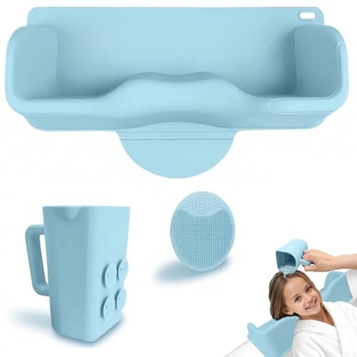 Hair Washing Station for Kids, Portable Shampoo Bowl for Children, Toddlers, Teens, Silicone Shampoo Mat for Sink or Bathtub, Shampoo Bowl with Rinser Cup & Face Scrubber, Neck Support for Baby's