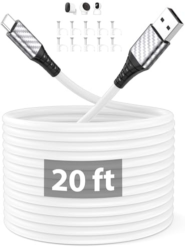 ACOCOBUY 3A Extra Largo Cable USB C 6m/20 pies para XiaoMi Security Camera | Cable USB A a USBC Carga rápida para iPhone 17 16e 15 para iPad Air Mini para Galaxy A16 A17 A56 S26 para Pixel 9a 8a blanco
