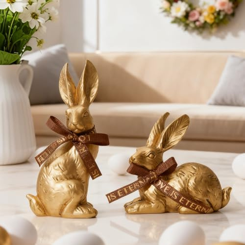 DN DECONATION Osterhasen-Figuren Set aus 2, Gold & Braun Harz Hasen-Statuen für Tisch & Fensterbank - Antike Osterdeko und Rustikale Frühlingsdeko für Regal, Kamin und Couchtisch mit Fell-Textur