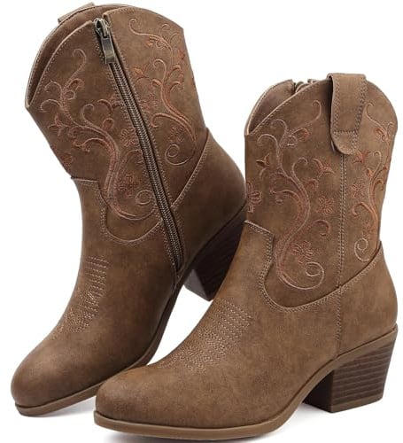 Cowboy Boots for Women Cowgirl Boots Side Zip Embroidered Block Heel Brown