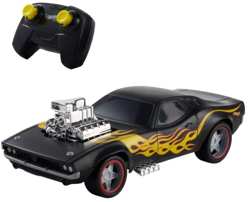 Hot Wheels 1:16 Scale Remote-Control Rodger Dodger Toy Car | Battery-Powered RC Black Vehicle with Yellow/Red Flames & Silver-Colored Wheels, Booster Button for Speed, JNB89