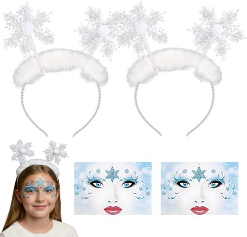 ZocRjvN 4 Stück Schneeflocken Haarreif Set, Schneeflocke Kostüm Zubehör mit Gesichtsaufklebern, Vielseitige Schneeflocken Kostüm Damen Accessoires für Winterfeste und Karneval