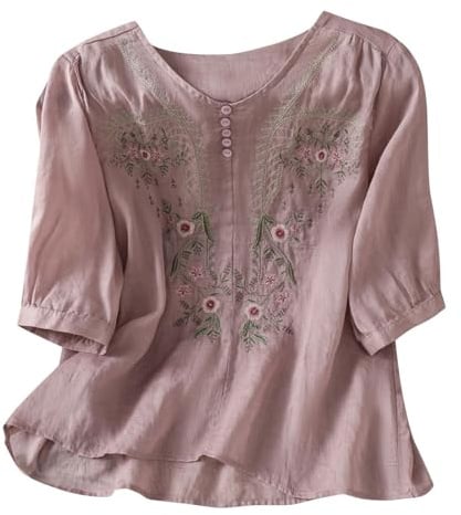Angxiwan Linen Shirt Women Oversized Embroidery Linen Tunic Tops Retro Jacquard Short Sleeve Boho Blouse Casual Loose Fit Flowy Hem Tee Shirt Lightweight Beach Wear Blouse for Vacation Office